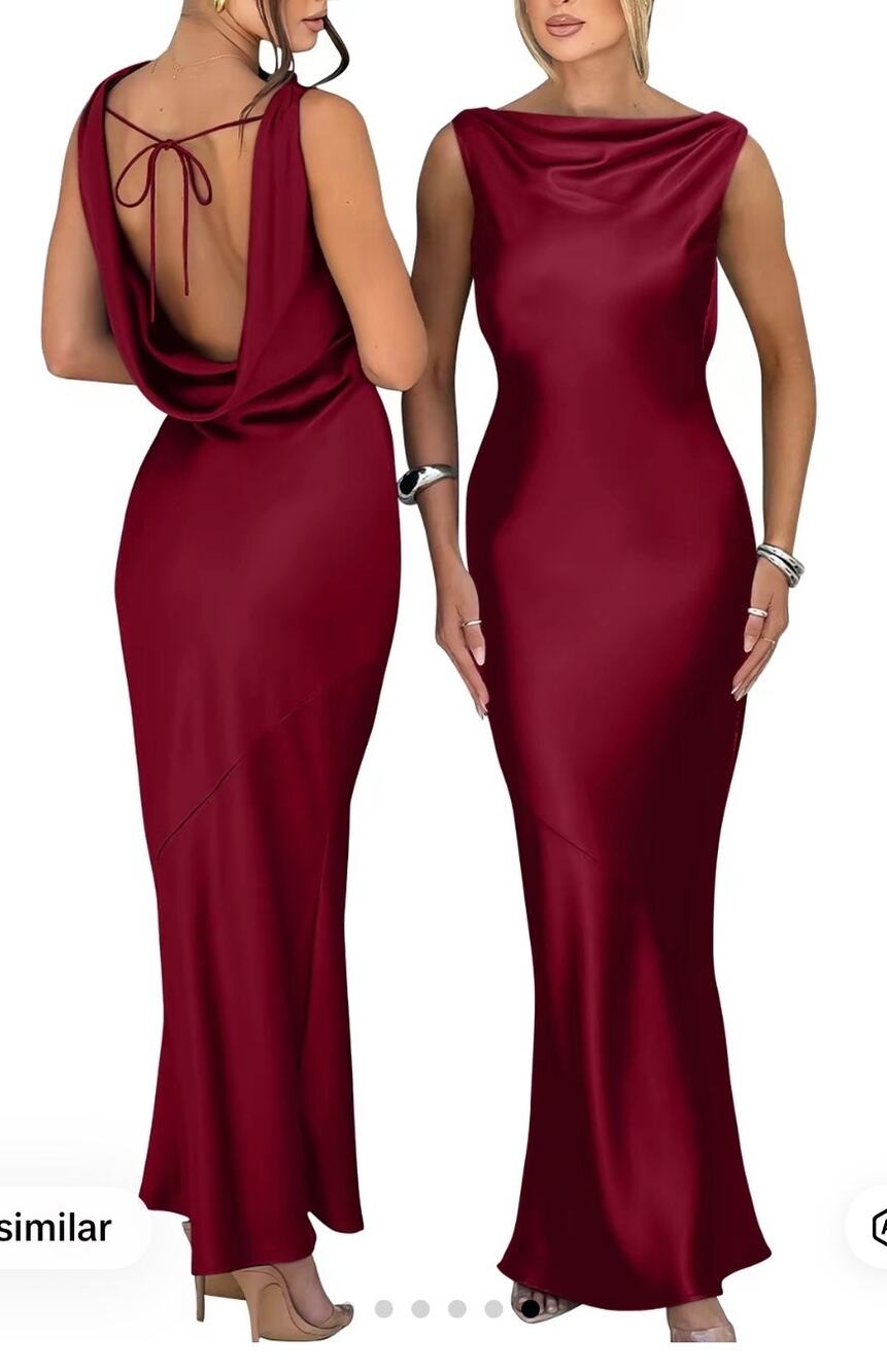 OYS Med Wine Burgundy Satin like high neck tie open Back Maxi Dress Formal Gown